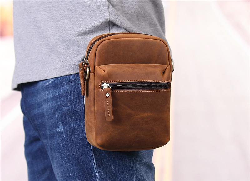 Brown Leather Small Waist Bag Belt Pouch Vertical Mini Shoulder Bag Belt Bag Side Bag For Men