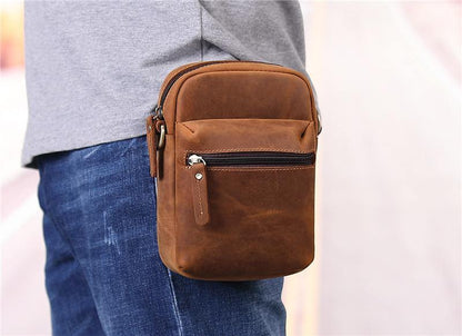 Brown Leather Small Waist Bag Belt Pouch Vertical Mini Shoulder Bag Belt Bag Side Bag For Men