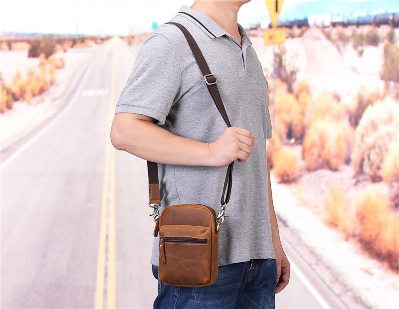 Brown Leather Small Waist Bag Belt Pouch Vertical Mini Shoulder Bag Belt Bag Side Bag For Men