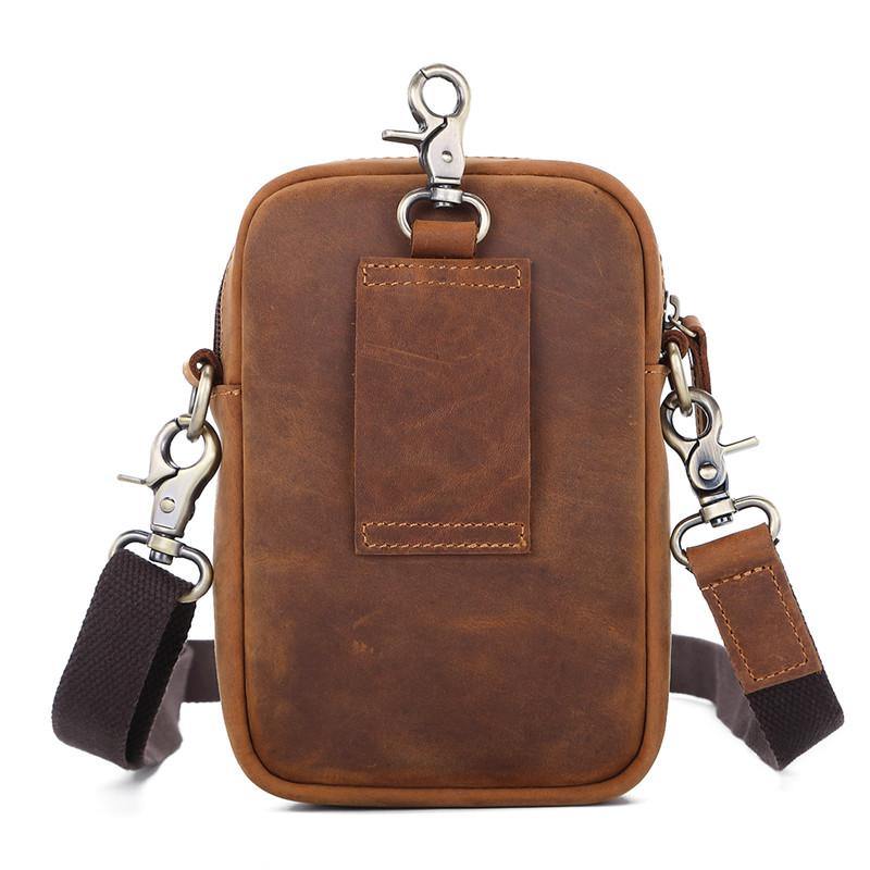 Brown Leather Small Waist Bag Belt Pouch Vertical Mini Shoulder Bag Belt Bag Side Bag For Men