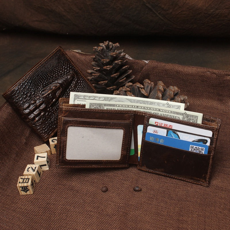 Cool Coffee Leather Billfold Crocodile Pattern Leather Mens Small Wallet For Men