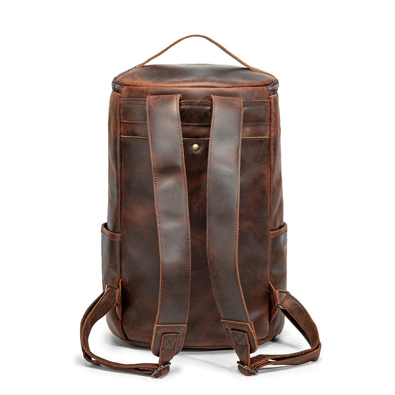 Vintage Mens Leather Barrel Backpack Barrel Travel Backpack Tan School Backpack For Men