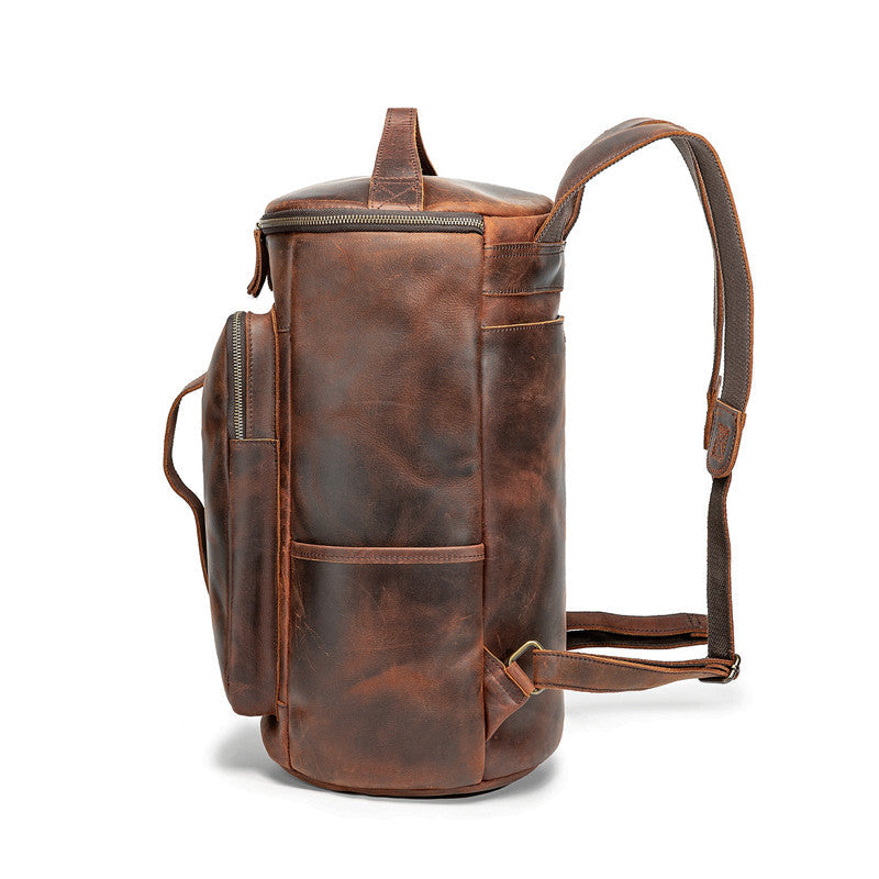 Vintage Mens Leather Barrel Backpack Barrel Travel Backpack Tan School Backpack For Men