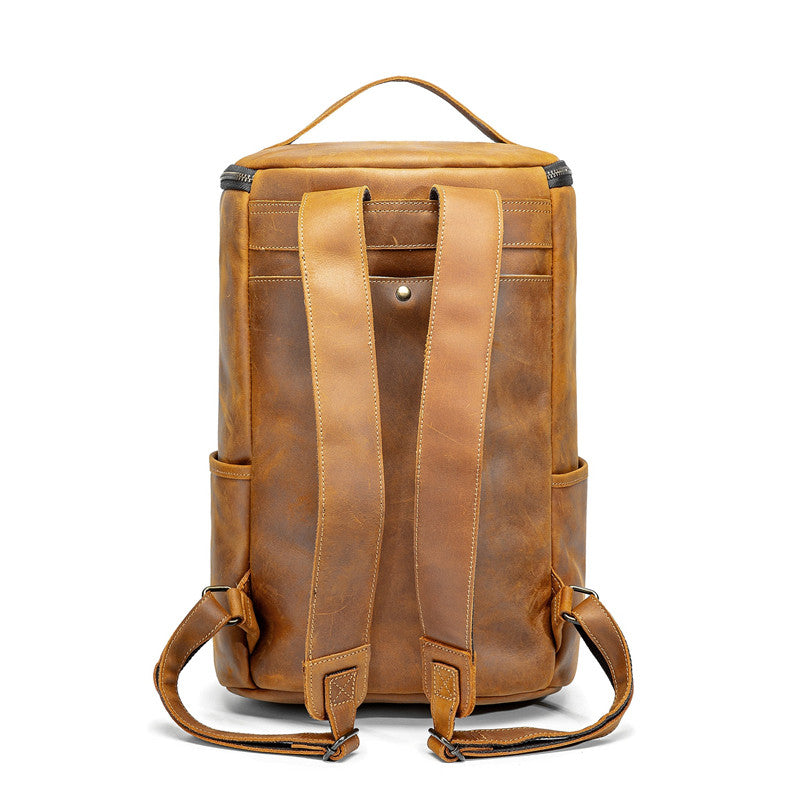 Vintage Mens Leather Barrel Backpack Barrel Travel Backpack Tan School Backpack For Men