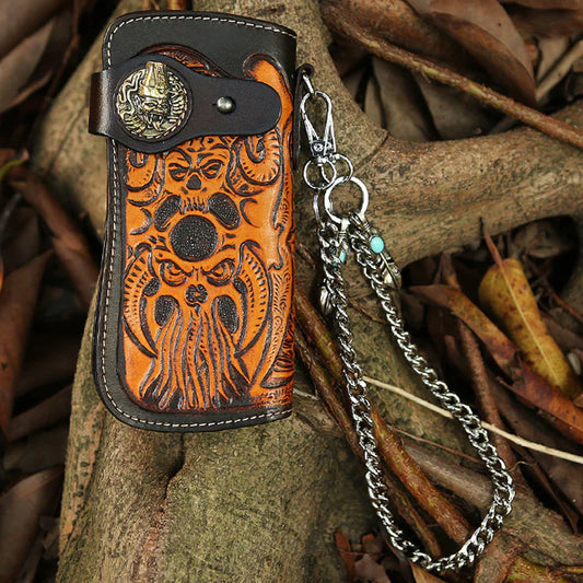 Cool Leather Devil Cthulhu Tooled Biker Wallet Handmade Chain Wallet for Men