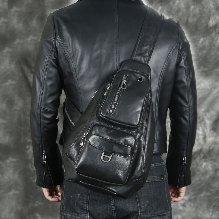 Cool Leather Men's Sling Bag Black Chest Bag One shoulder Sling Backpack For Men