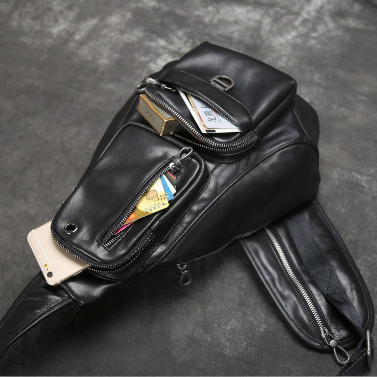 Cool Leather Men's Sling Bag Black Chest Bag One shoulder Sling Backpack For Men