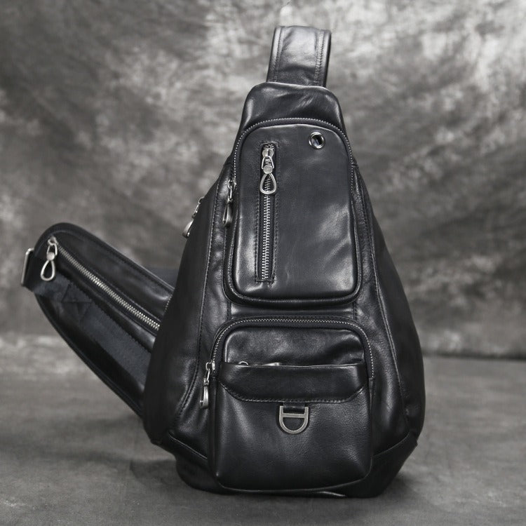 Cool Leather Men's Sling Bag Black Chest Bag One shoulder Sling Backpack For Men