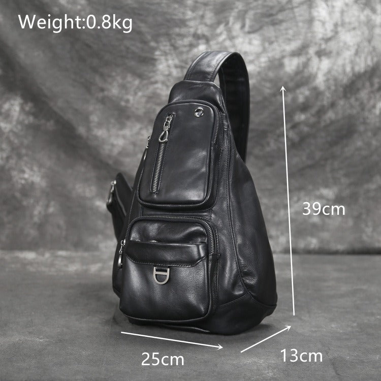 Cool Leather Men's Sling Bag Black Chest Bag One shoulder Sling Backpack For Men