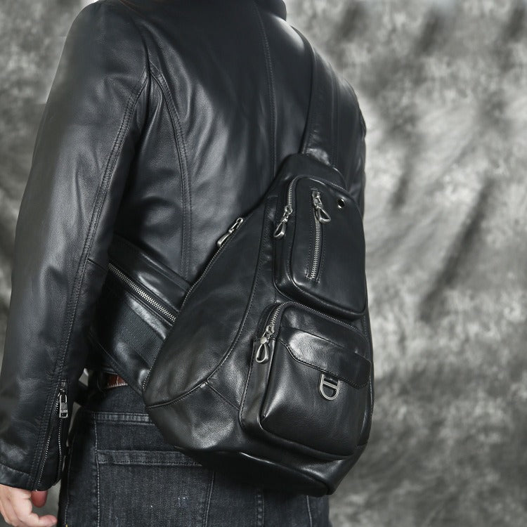 Cool Leather Men's Sling Bag Black Chest Bag One shoulder Sling Backpack For Men