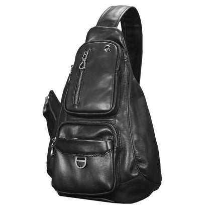 Cool Leather Men's Sling Bag Black Chest Bag One shoulder Sling Backpack For Men