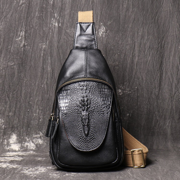 Cool Leather Sling Packs Crocodile Pattern Black Leather Sling Bag Sling Crossbody Packs For Men