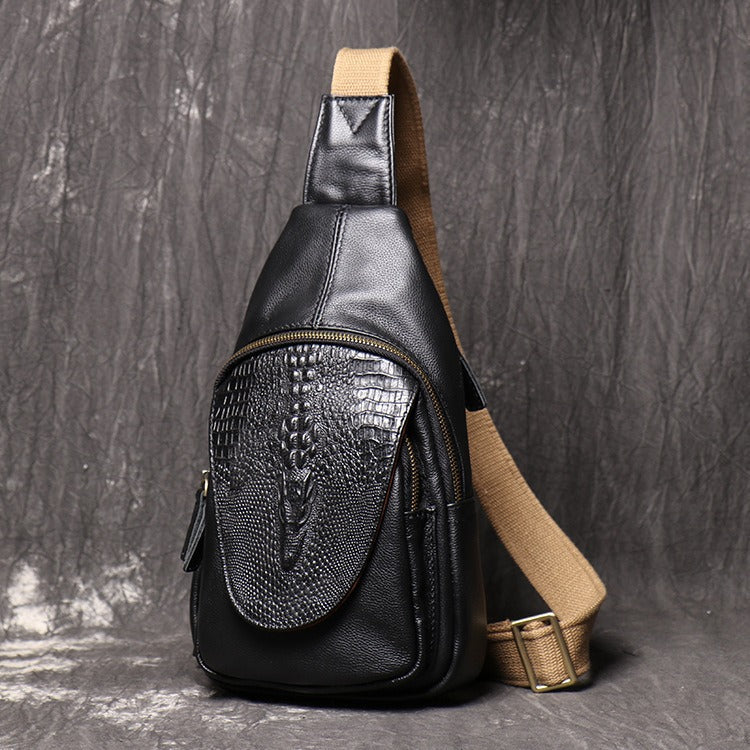 Cool Leather Sling Packs Crocodile Pattern Black Leather Sling Bag Sling Crossbody Packs For Men