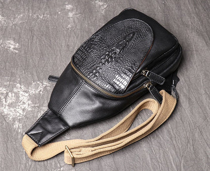 Cool Leather Sling Packs Crocodile Pattern Black Leather Sling Bag Sling Crossbody Packs For Men