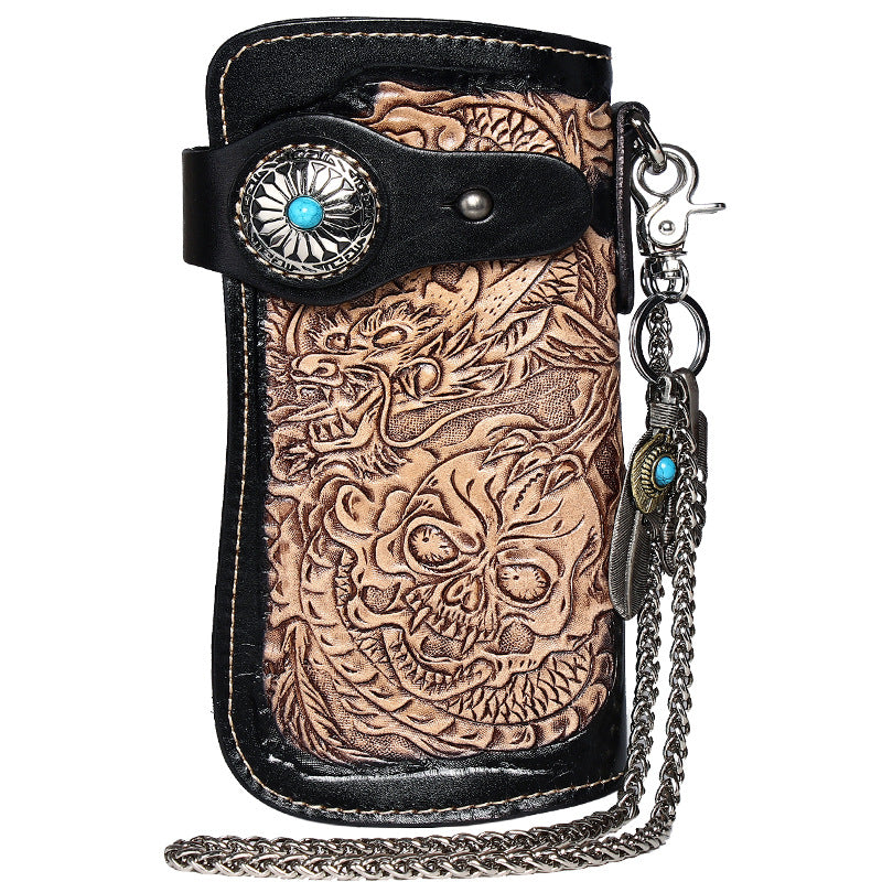 Cool Leather Tooled Dragon&Skull Biker Wallet Handmade Biker Chain Wallet for Men