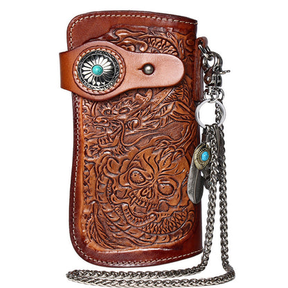 Cool Brown Leather Tooled Dragon&Skull Biker Wallet Handmade Biker Chain Wallet for Men