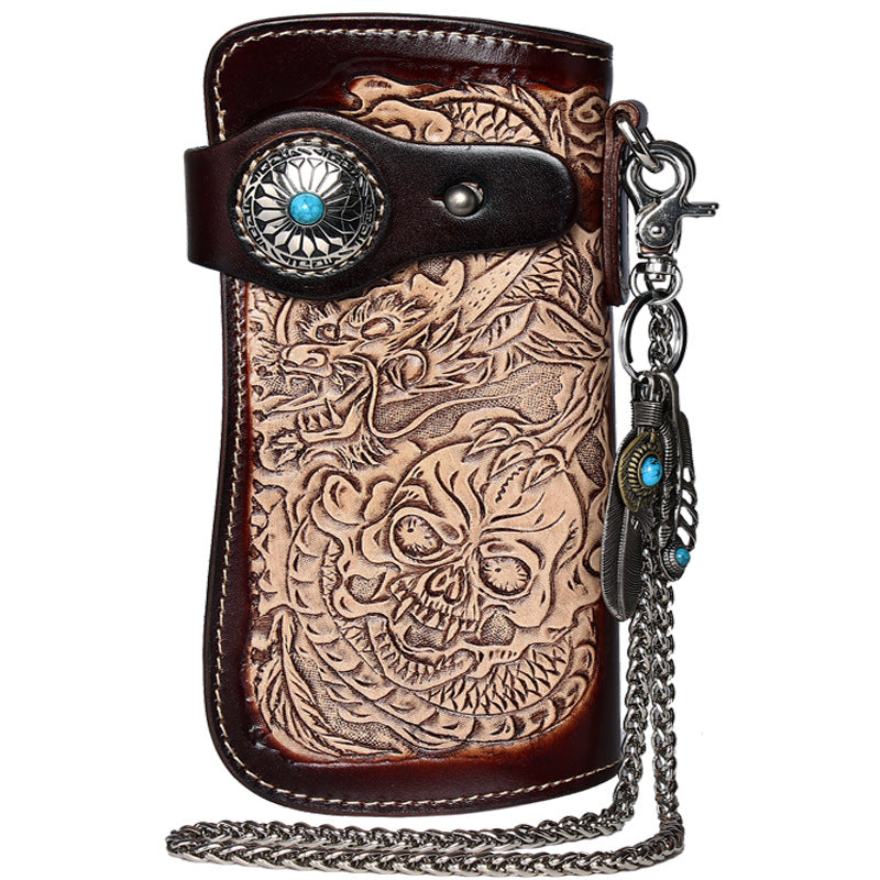 Cool Leather Tooled Dragon&Skull Biker Wallet Handmade Biker Chain Wallet for Men