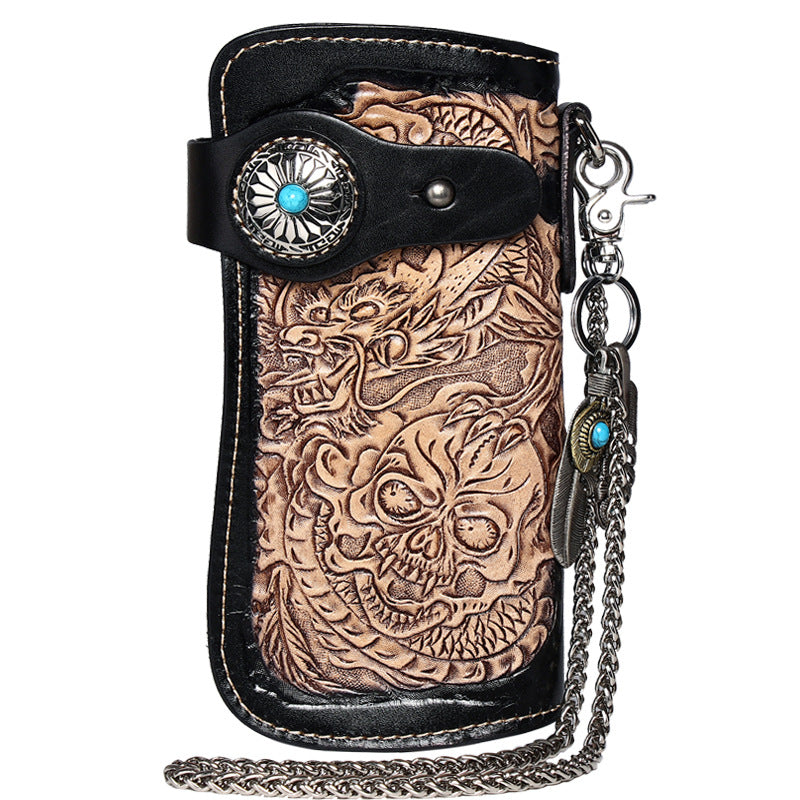 Cool Leather Tooled Dragon&Skull Biker Wallet Handmade Biker Chain Wallet for Men