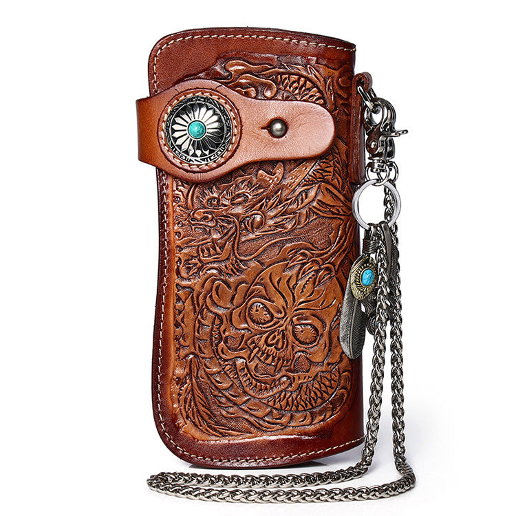 Cool Leather Tooled Dragon&Skull Biker Wallet Handmade Biker Chain Wallet for Men