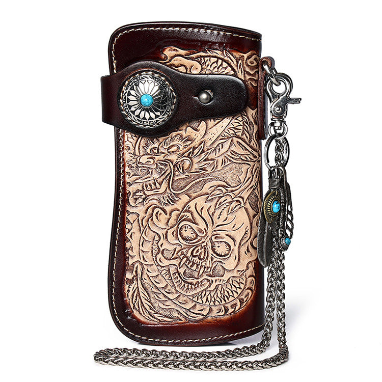 Cool Brown Leather Tooled Dragon&Skull Biker Wallet Handmade Biker Chain Wallet for Men