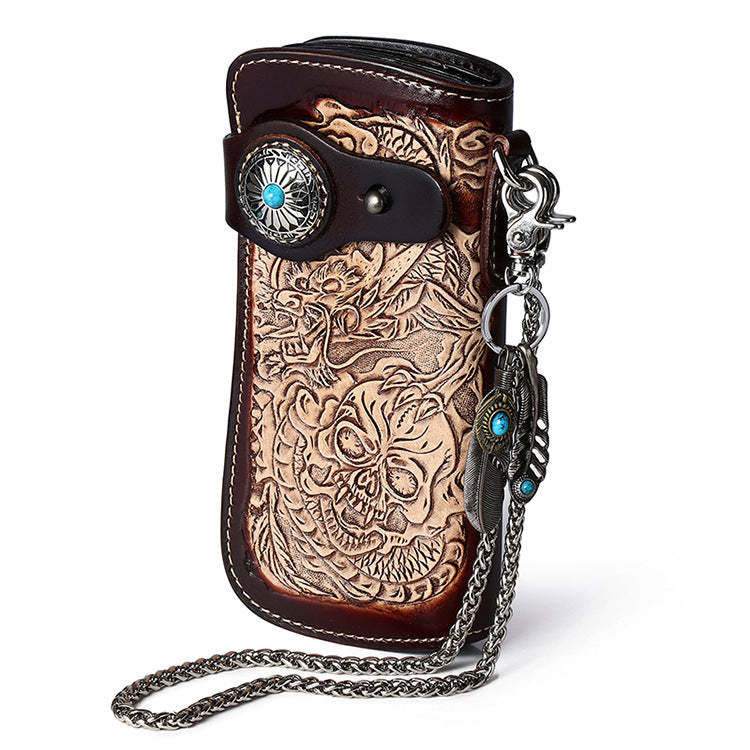 Cool Brown Leather Tooled Dragon&Skull Biker Wallet Handmade Biker Chain Wallet for Men