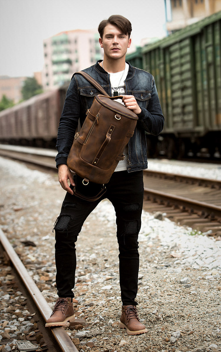 Cool Brown Mens Leather 14 inches Barrel Weekender Bag Bucket Travel Backpack for Men