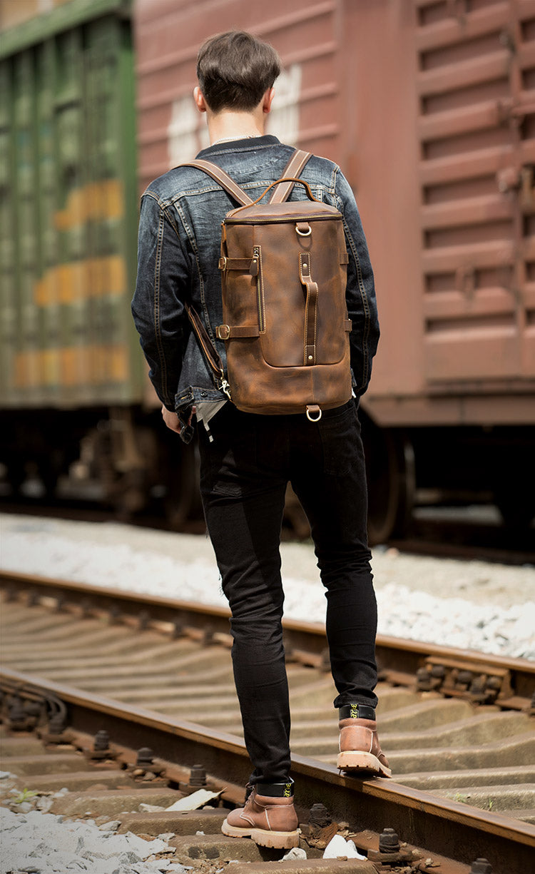 Cool Brown Mens Leather 14 inches Barrel Weekender Bag Bucket Travel Backpack for Men