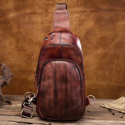 Cool Brown Mens Leather One Shoulder Backpack Chest Bag Sling Bags For Men