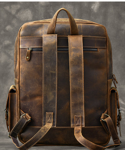 Cool Leather Mens 15' Brown Hiking Backpack Travel Backpack Laptop College Backpack for Men