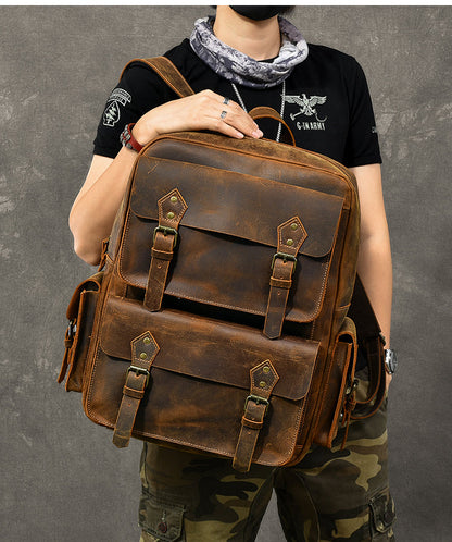 Cool Leather Mens 15' Brown Hiking Backpack Travel Backpack Laptop College Backpack for Men