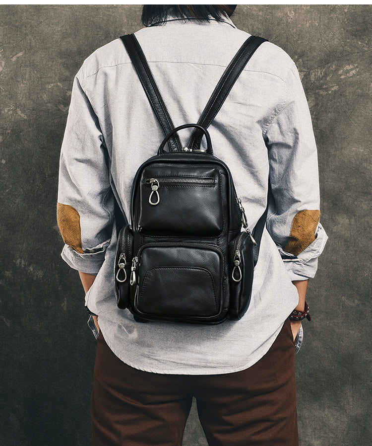 Cool Leather Mens 8' Black Backpack Sling Bag Chest Bag One Shoulder Backpack for Men