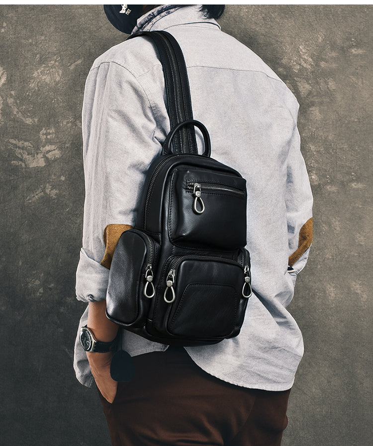 Cool Leather Mens 8' Black Backpack Sling Bag Chest Bag One Shoulder Backpack for Men