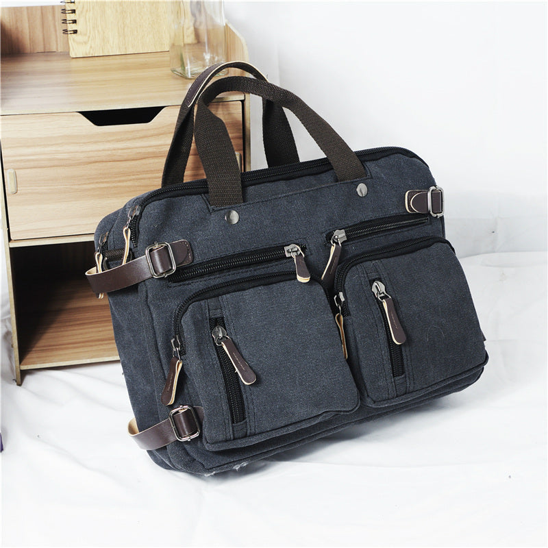 Cool Canvas Leather Mens Business Black Briefcase Khaki Laptop Shoulder Bag Handbag for Men