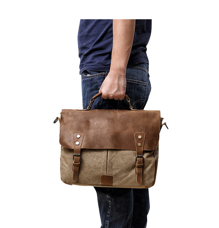 Waxed Canvas Leather Mens Casual Briefcase Computer Bag 14'' Messenger Bag For Men