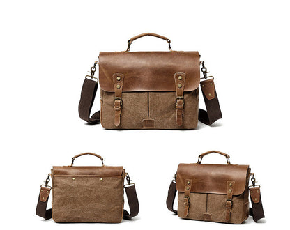 Waxed Canvas Leather Mens Casual Briefcase Computer Bag 14'' Messenger Bag For Men