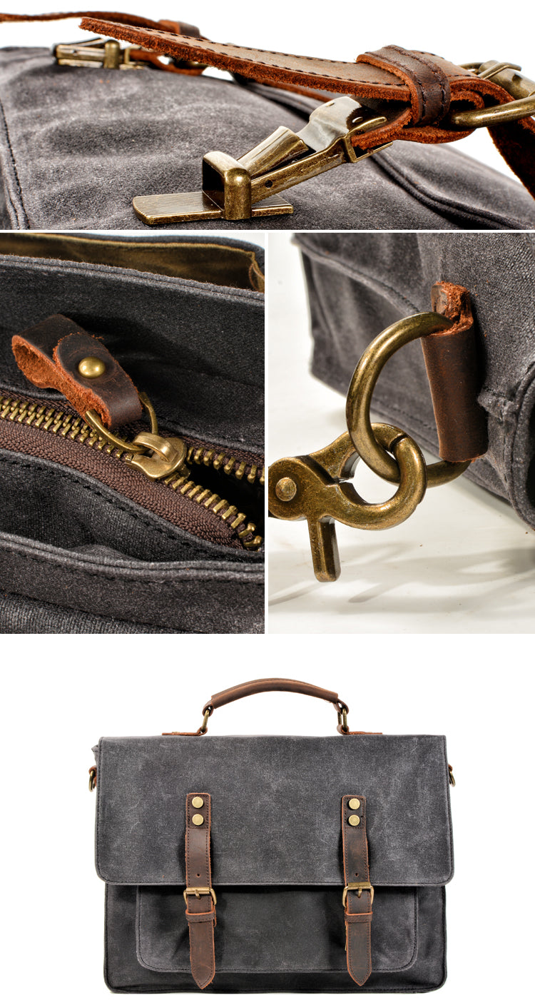 Waxed Canvas Leather Mens Green Casual 14¡®¡¯ Briefcase Handbag Messenger Bag Side Bag For Men