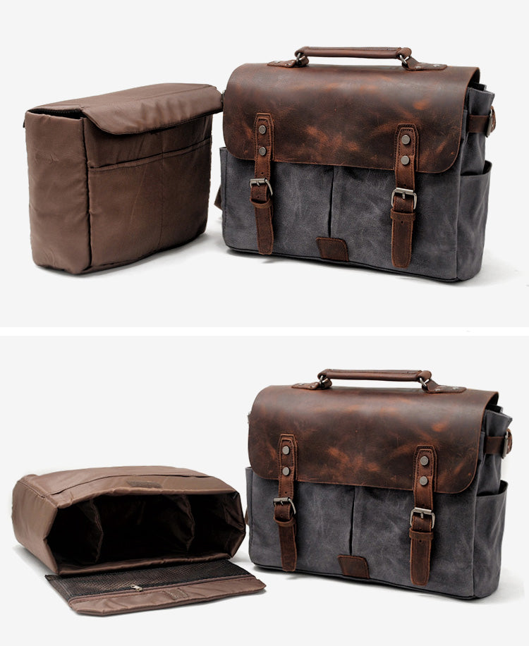 Waxed Canvas Leather Mens Waterproof Black 14¡®¡¯ Camera Bag Shoulder Bag Messenger Bag For Men