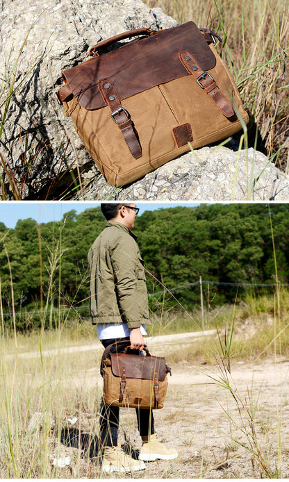 Waxed Canvas Leather Mens Waterproof Black 14¡®¡¯ Camera Bag Shoulder Bag Messenger Bag For Men