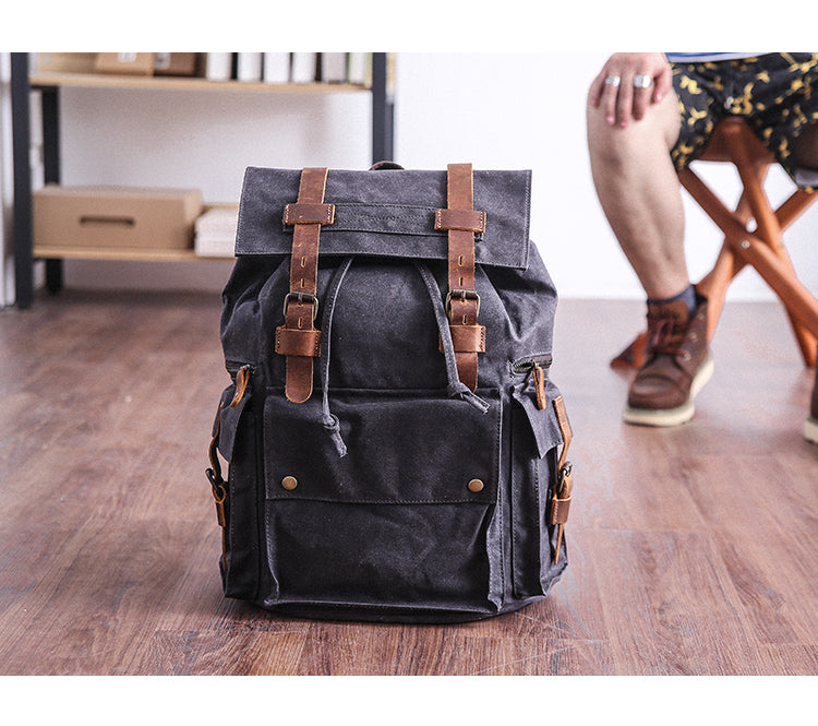 Waxed Canvas Leather Mens Gray Waterproof 15¡®¡¯ Large Backpack Travel Backpack College Backpack for Men