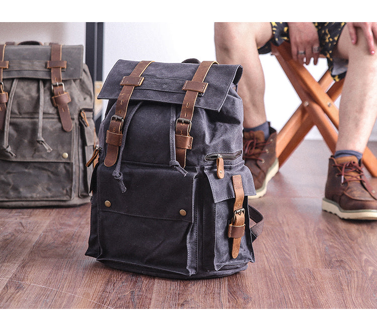 Waxed Canvas Leather Mens Gray Waterproof 15¡®¡¯ Large Backpack Travel Backpack College Backpack for Men