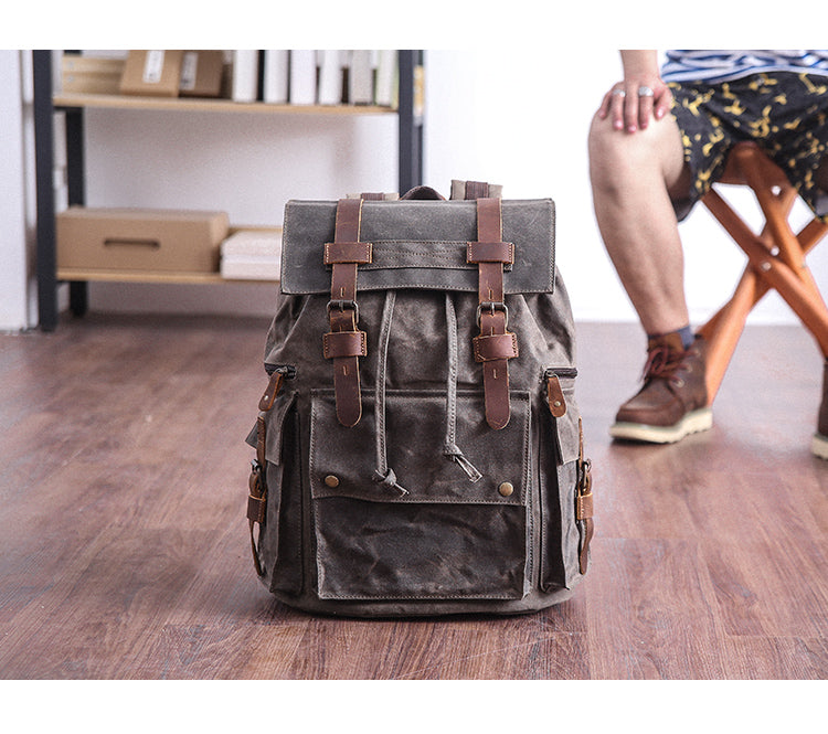 Waxed Canvas Leather Mens Gray Waterproof 15¡®¡¯ Large Backpack Travel Backpack College Backpack for Men