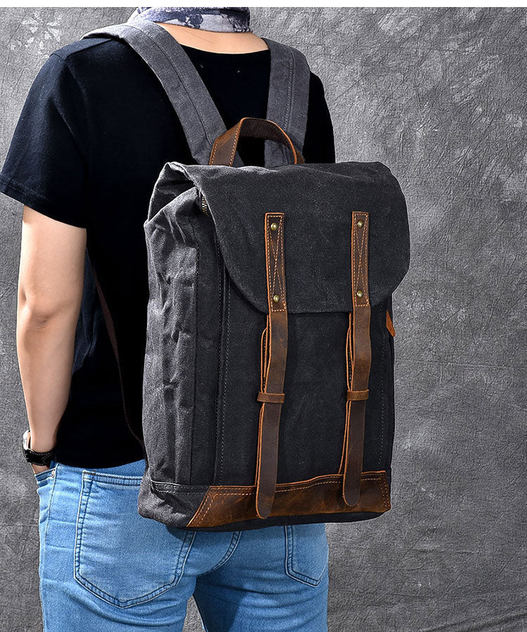 Waxed Canvas Leather Mens 15' Gray Computer Backpack Brown Travel Backpack College Backpack for Men