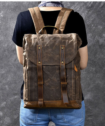 Waxed Canvas Leather Mens 15' Gray Computer Backpack Brown Travel Backpack College Backpack for Men