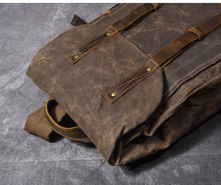 Waxed Canvas Leather Mens 15' Gray Computer Backpack Brown Travel Backpack College Backpack for Men