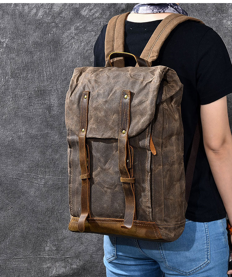 Waxed Canvas Leather Mens 15' Gray Computer Backpack Brown Travel Backpack College Backpack for Men