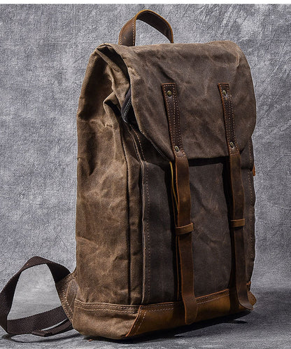 Waxed Canvas Leather Mens 15' Gray Computer Backpack Brown Travel Backpack College Backpack for Men