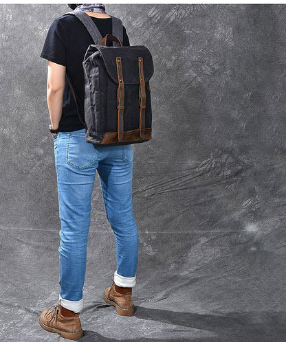 Waxed Canvas Leather Mens 15' Gray Computer Backpack Brown Travel Backpack College Backpack for Men