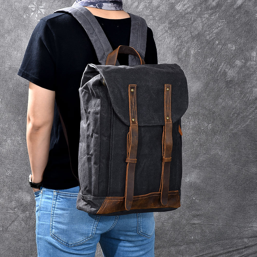 Waxed Canvas Leather Mens 15' Gray Computer Backpack Brown Travel Backpack College Backpack for Men