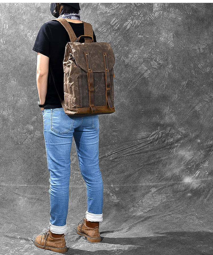 Waxed Canvas Leather Mens 15' Gray Computer Backpack Brown Travel Backpack College Backpack for Men