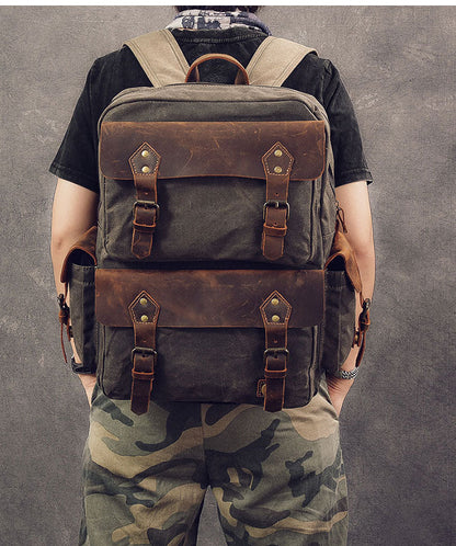 Waxed Canvas Leather Mens 15' Laptop Backpack Army Green Travel Backpack College Backpack for Men